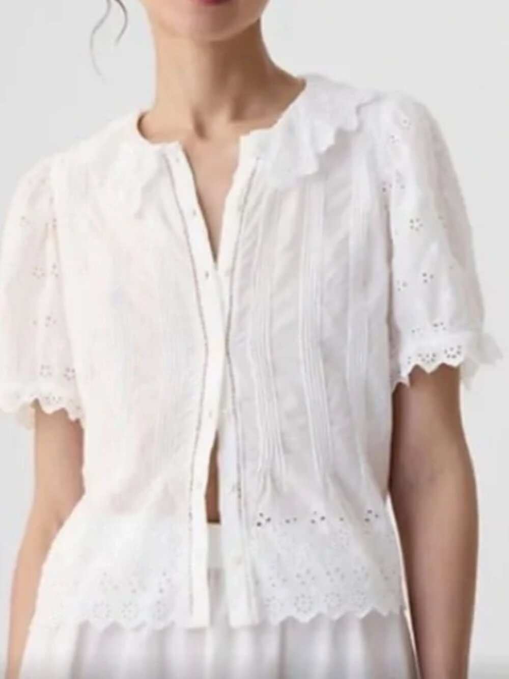 GAP X Doen White Eyelet Lace-Trim Button Blouse